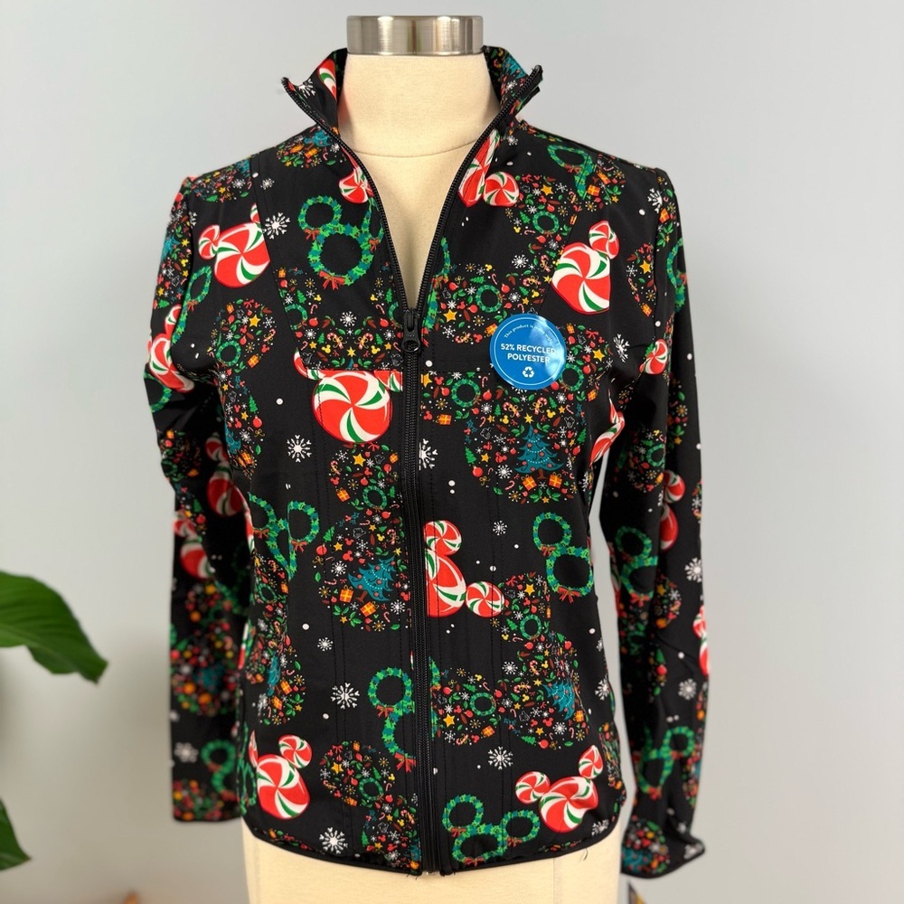 NWT Cherokee Disney Mickey Mouse Christmas Scrub Jacket Black Holiday Scrubs